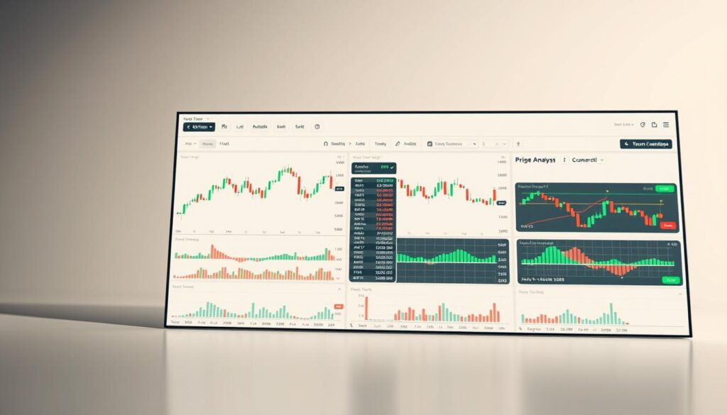 A detailed technical analysis dashboard showcasing candlestick charts, technical indicators, and price action data. The dashboard is displayed on a modern, minimalist user interface with a clean, professional aesthetic. The background is a soft, neutral tone that allows the data visualizations to take center stage. Lighting is subtle and balanced, creating depth and focus on the analysis tools. The camera angle is slightly elevated, providing an overview of the dashboard layout. The overall mood is one of analytical precision, insight, and financial decision-making.