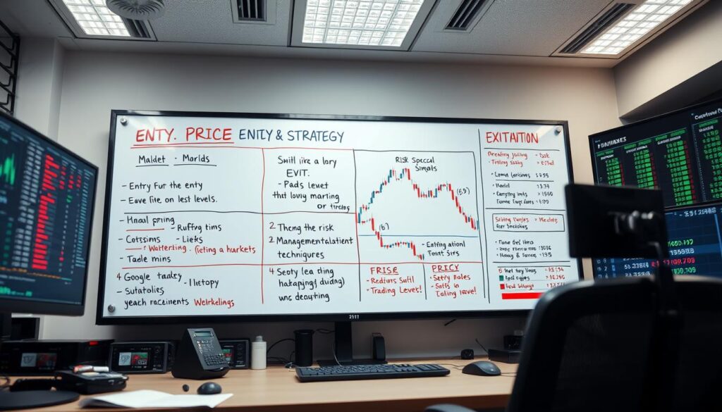 A professional trading desk with a focus on daily market strategies. The scene depicts a clear and detailed entry and exit plan, represented by a large whiteboard or digital display showcasing key price levels, risk management techniques, and trading signals. The lighting is bright and clean, creating a sense of focus and organization. The camera angle captures the workspace from a slightly elevated perspective, emphasizing the importance and complexity of the trading plan. The overall mood is one of precision, discipline, and a deep understanding of the financial markets.