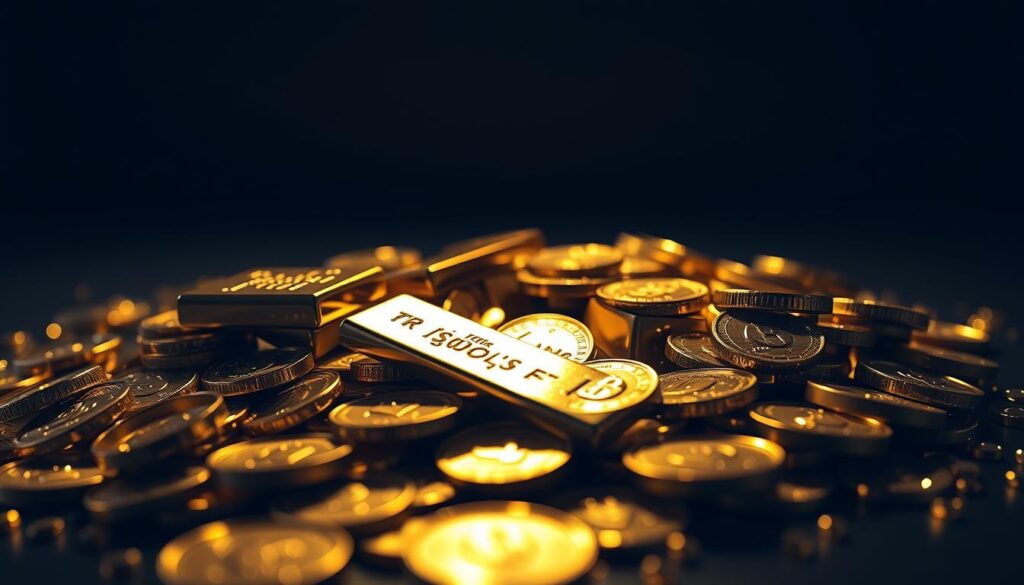 A stunning, highly detailed, and photorealistic image of a pile of shimmering gold bars and coins, captured with a wide-angle lens and dramatic lighting. The golden hues cast a warm, opulent glow, with shadows and highlights accentuating the intricate textures and facets of the precious metal. The foreground is sharp and in focus, with the gold elements occupying the central frame. The background is slightly blurred, suggesting a serene, minimalist setting that allows the gold to take center stage. The overall composition conveys a sense of wealth, stability, and the timeless allure of this enduring investment asset.