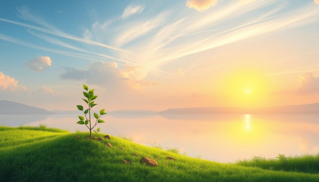 a beautiful and serene illustration of investment, depicting a peaceful landscape with a flourishing garden, a calm lake, and a tranquil sky. The foreground showcases a small, well-tended plot of land representing a modest investment, with lush greenery and a single, thriving tree symbolizing growth and prosperity. In the middle ground, the lake reflects the sky, creating a sense of balance and harmony. The background features a warm, golden sunset, casting a soft, inviting glow over the entire scene, conveying a sense of security and stability. The overall composition conveys the idea of small-scale, sustainable investment leading to long-term growth and financial well-being.